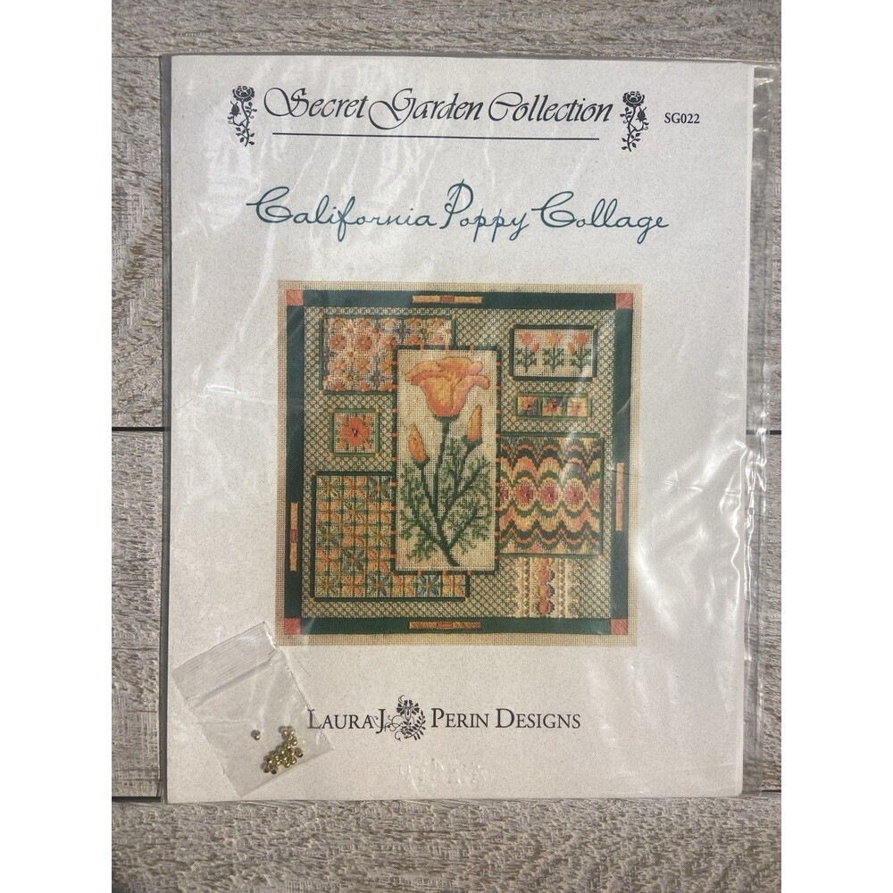 Laura J Perin Design California Poppy Collage Needlepoint Pattern With Beads